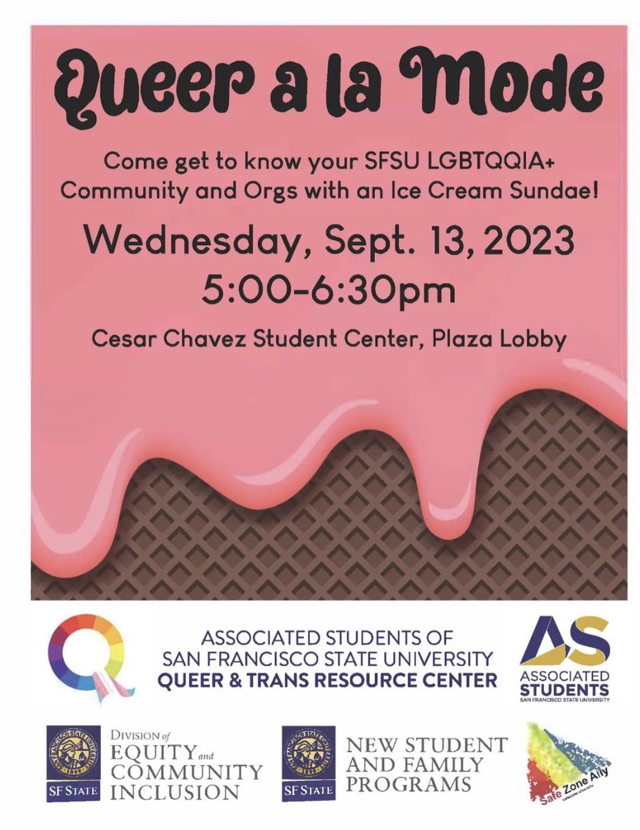 SFSUDECI's tweet photo. #SFState / #SFSU scholars.

Join us for an Ice Cream Social… with campus resources for the LGBTQ+ community. 🏳️‍🌈🍦

Today! 
Wednesday, 9/13/23
5-6:30 pm
Lobby, Cesar Chavez Student Center https://t.co/3lgZC8V2M7