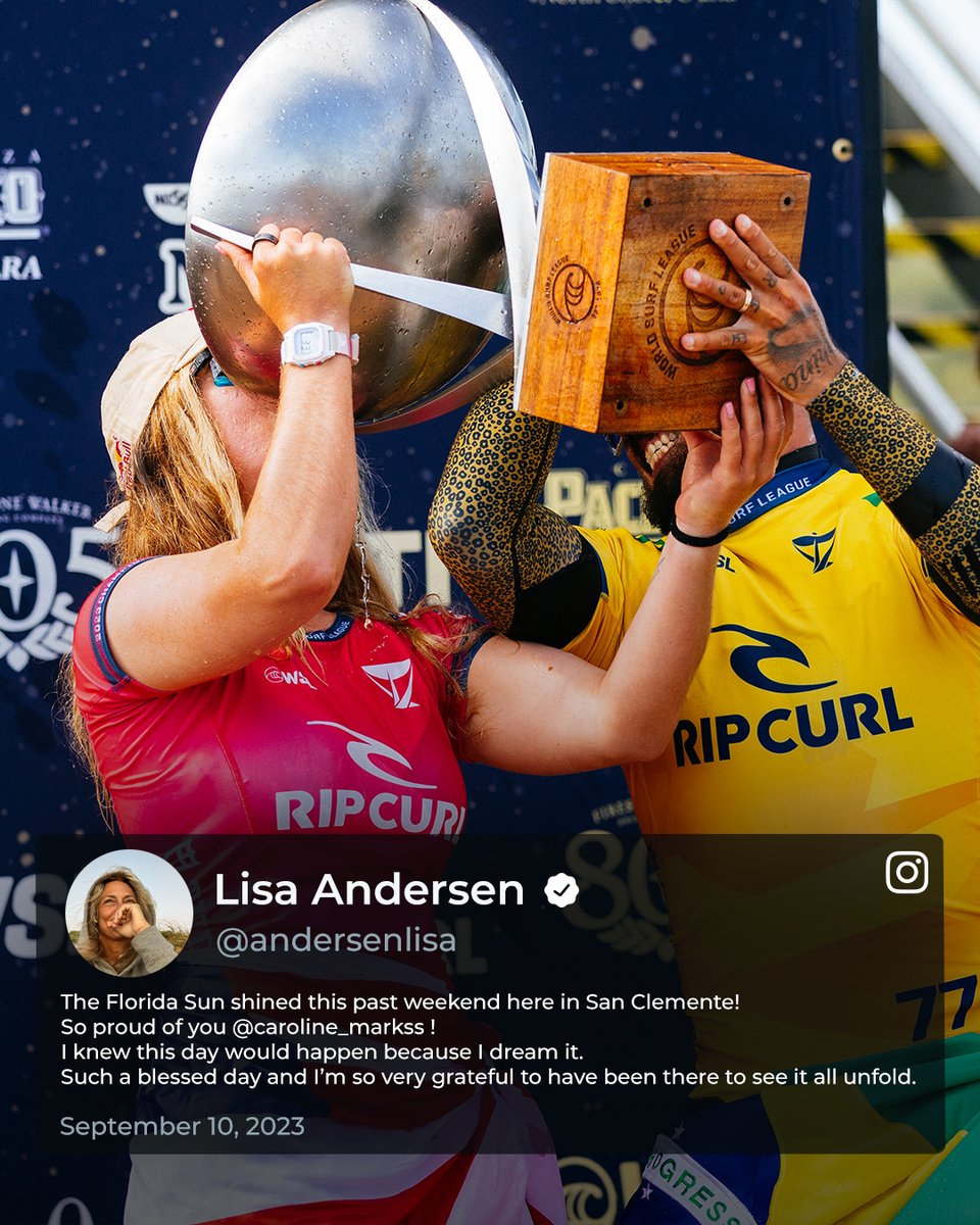 wsl's tweet photo. A round of applause for the 2023 World Champions 👏
#CarolineMarks @kellyslater @gabriel1medina #LisaAnderson @LakeyPeterson https://t.co/6Zm7kL6D5O