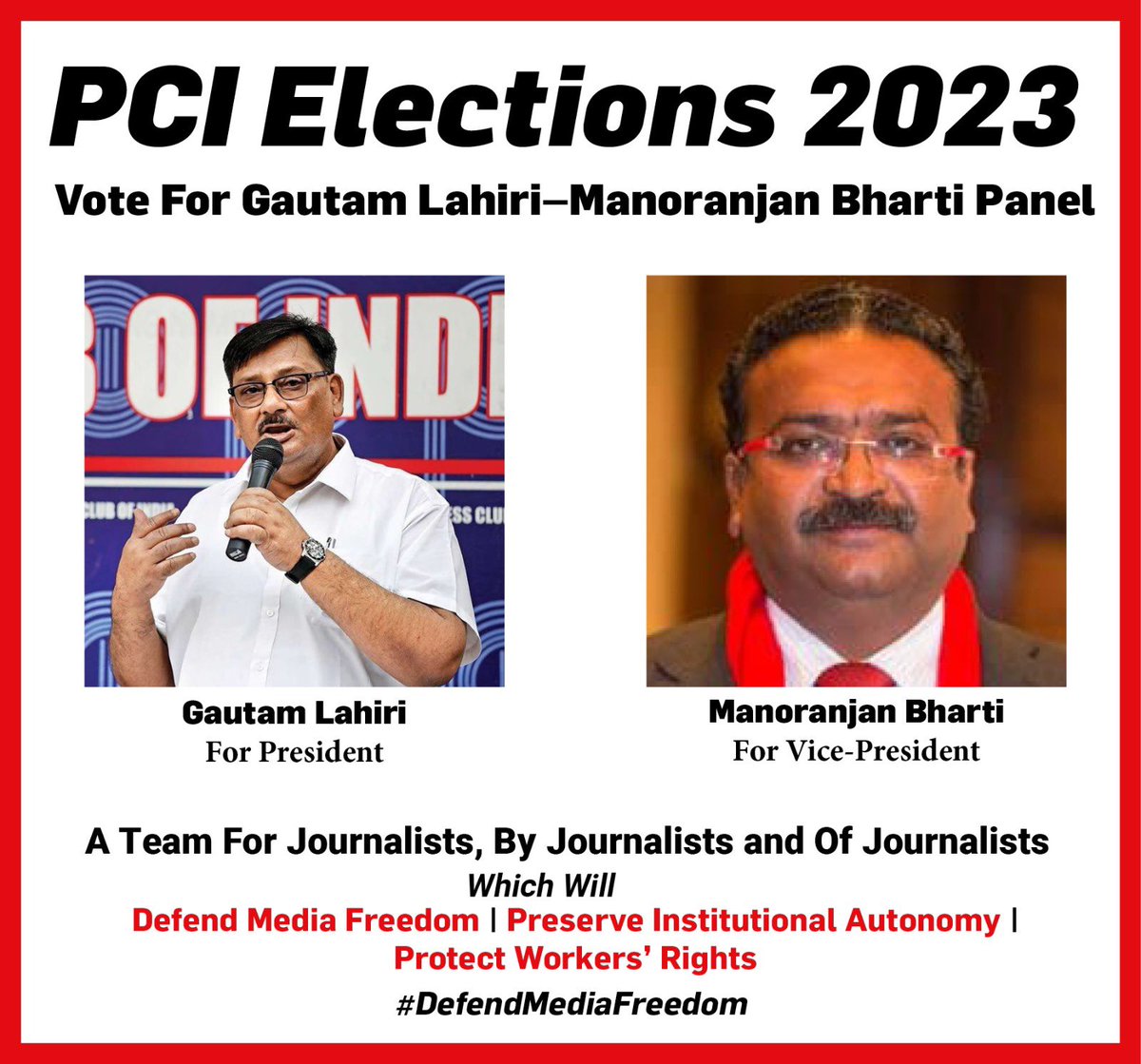 A team for journalists, by journalists and of journalists for the upcoming #PCIElections2023

We are here for defending media freedom, preserving institutional autonomy and protecting workers’ rights 

#DefendMediaFreedom