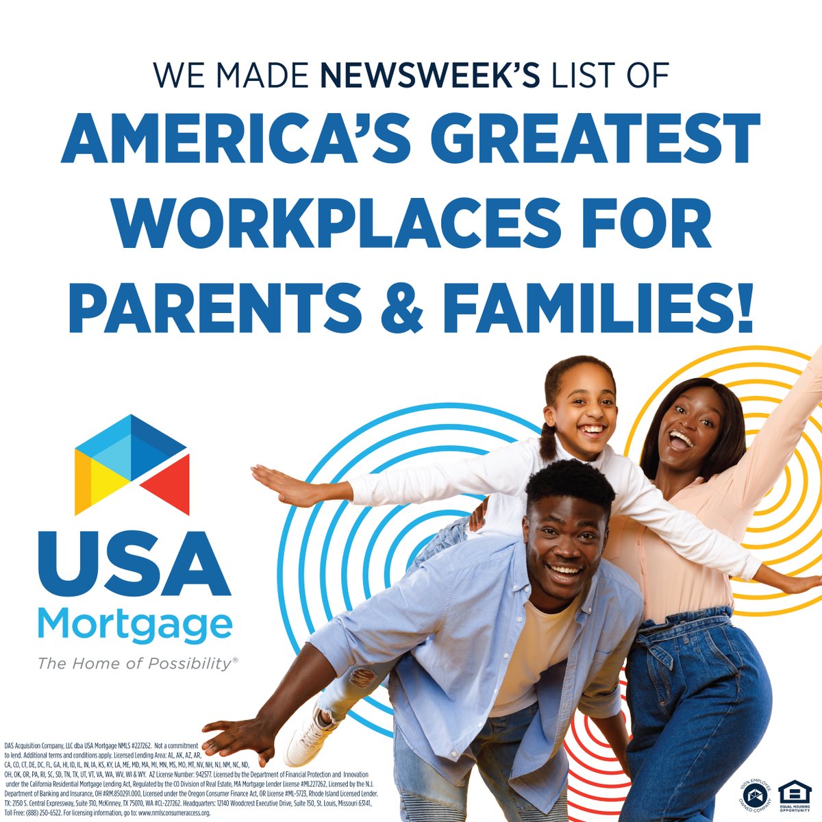 USAMortgageHQ's tweet photo. We're honored to be on Newsweek's list of GREATEST Workplaces for Parents and Families! 🤩

The #HomeOfPossibility understands that there is life outside of the office. We support who and what our #EmployeeOwners are working so hard for every day. https://t.co/F1sOEh2eU2