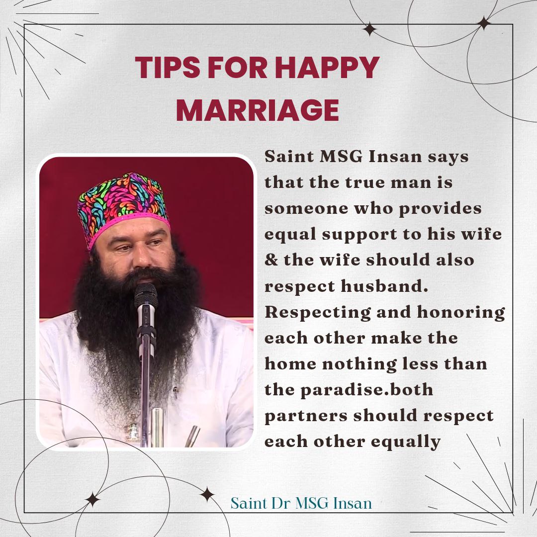 gursharanmann7's tweet image. #TipsForHappyMarriage

Saint MSG Insan