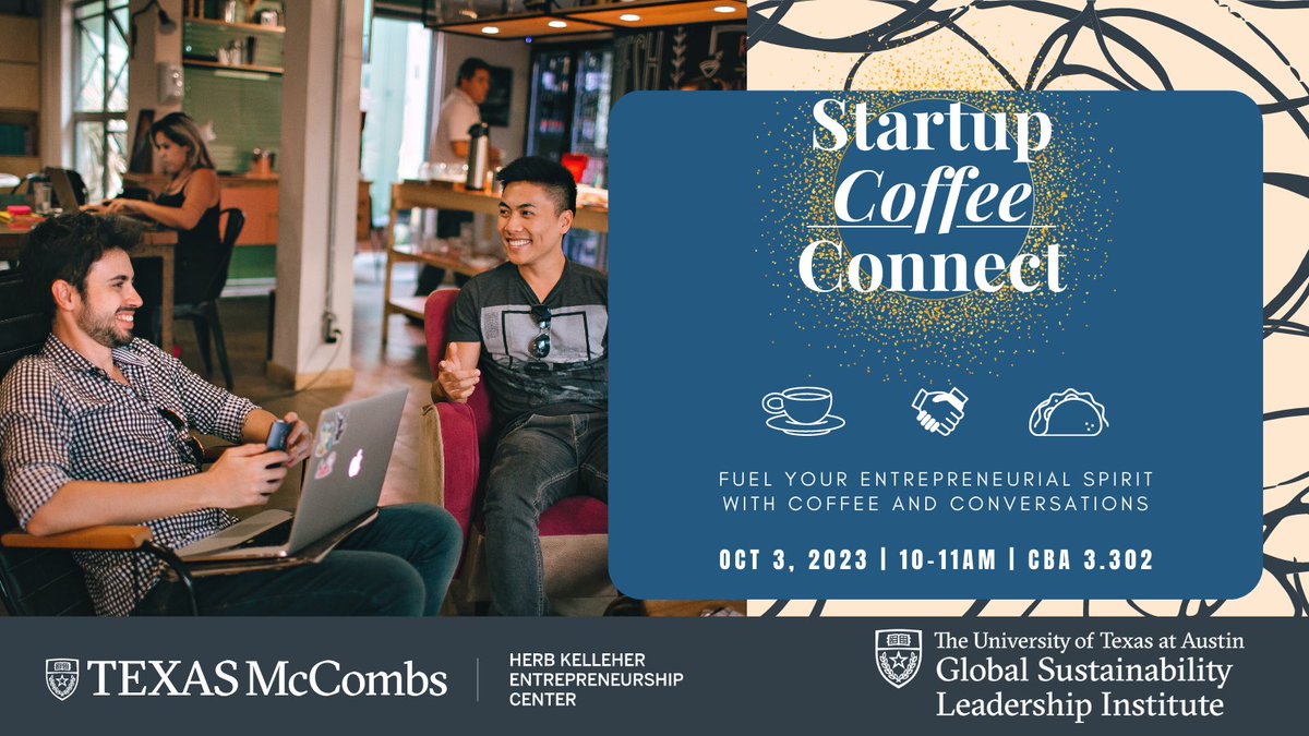 Get your caffeine fix and network with fellow entrepreneurs at Startup Coffee Connect, hosted by the Herb Kelleher Entrepreneurship Center and @utaustingsli! 

RSVP today at: bit.ly/48d5oXO

#WhatStartsUpHere #TexasEntrepreneur