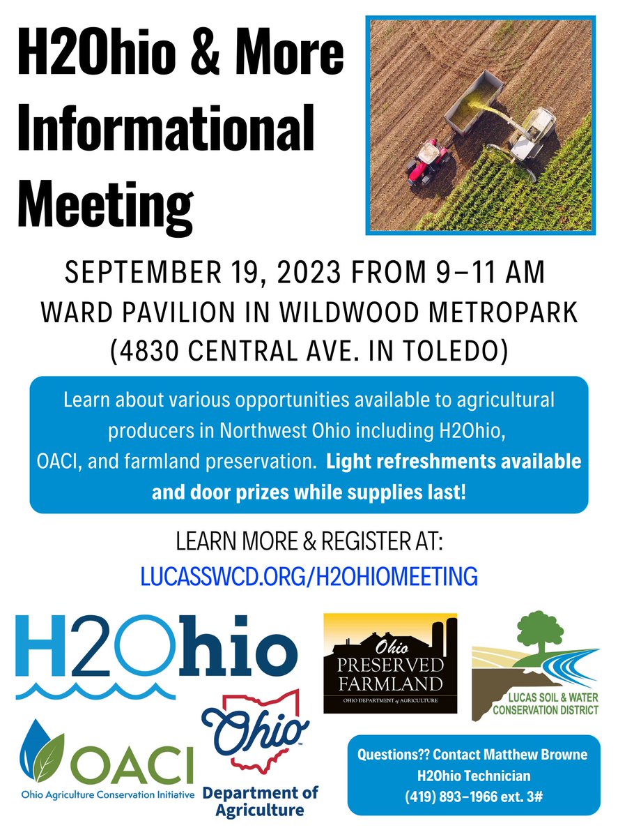 LucasSWCD's tweet photo. If you are interested in learning about @H2Ohio or have questions, consider attending our Informational Meeting next Tuesday morning at Wildwood Metropark in Toledo. More info ➡️ https://t.co/UegTtdGBsQ. https://t.co/z2zeuoXknF