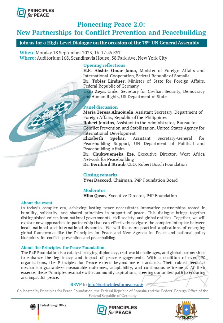 PrinciplesPeace's tweet photo. Save the Date! On the occasion of UNGA 78, P4P is co-hosting a high level panel with @GermanyDiplo
and @Somalia on new partnerships for conflict prevention and peacebuilding. Join us at Scandinavia House in New York City on Monday 18 September and stay tuned for more details! https://t.co/Z9RnEeOpJs