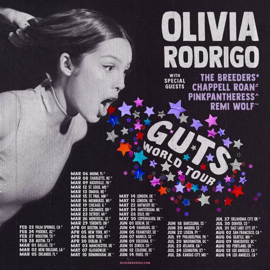 🚨 Olivia Rodrigo announces the ‘GUTS’ world tour, kicking off February 2024.