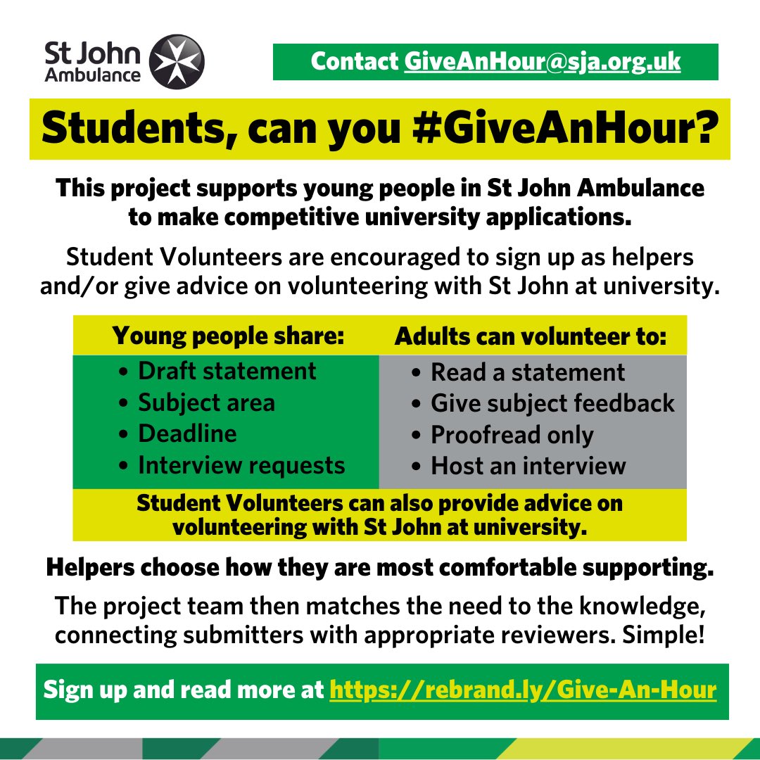 Give an hour is back! For more information please see the post below.

<a href="/stjohnambulance/">St John Ambulance England</a> <a href="/SJA_Students/">SJA Student Volunteering</a> <a href="/SjaWestStudents/">SJA West Student Volunteering</a> 
#GiveAnHour #Sjastudents