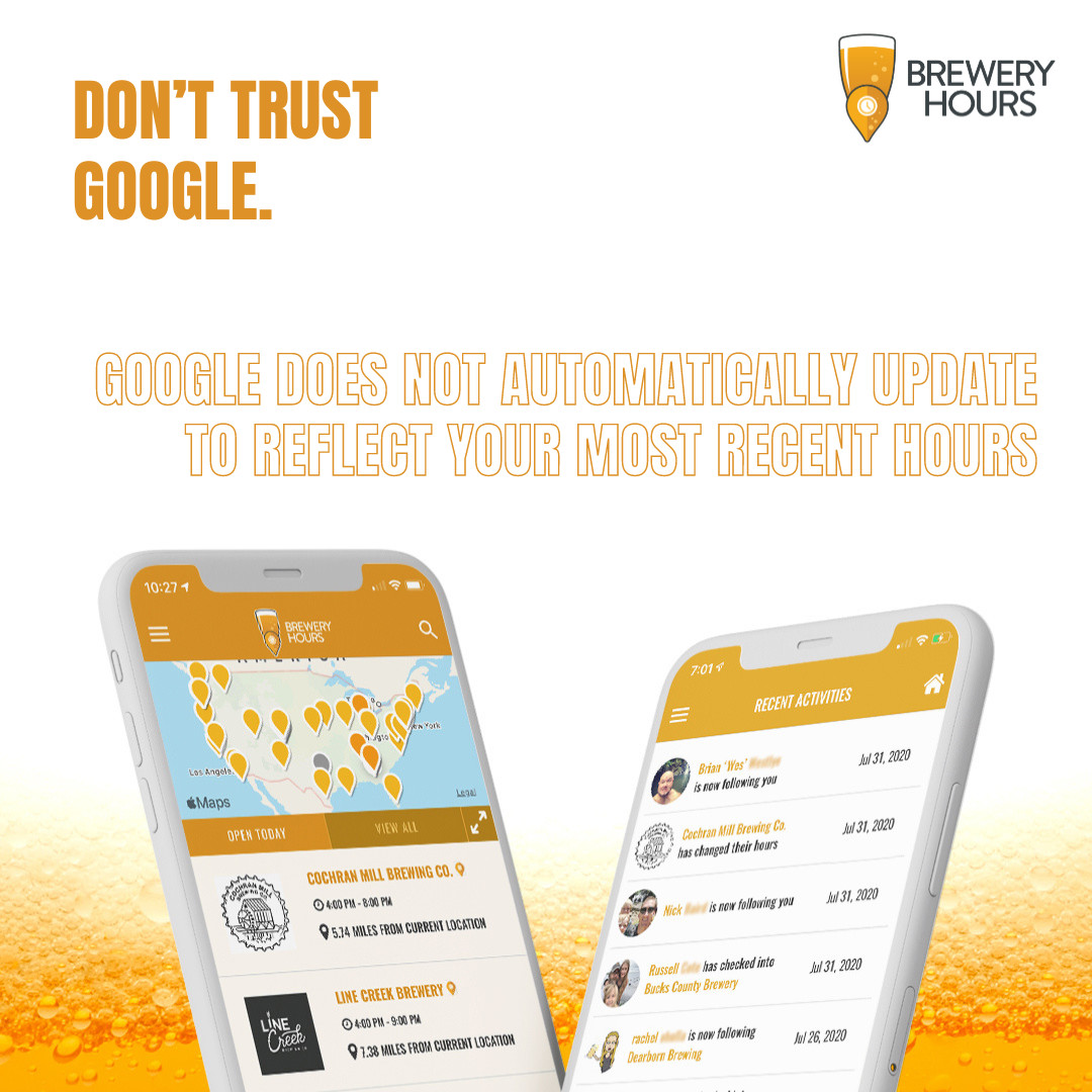 BreweryHours's tweet photo. Did you know that Google does NOT automatically update to reflect your most recent hours? We’ve got the perfect solution: you can take complete control of how your hours show up everywhere. How? 
💡 Through the Brewery Hours!
Click the link to get started: https://t.co/ho6bHKsL2I https://t.co/JeAjJIG4kx