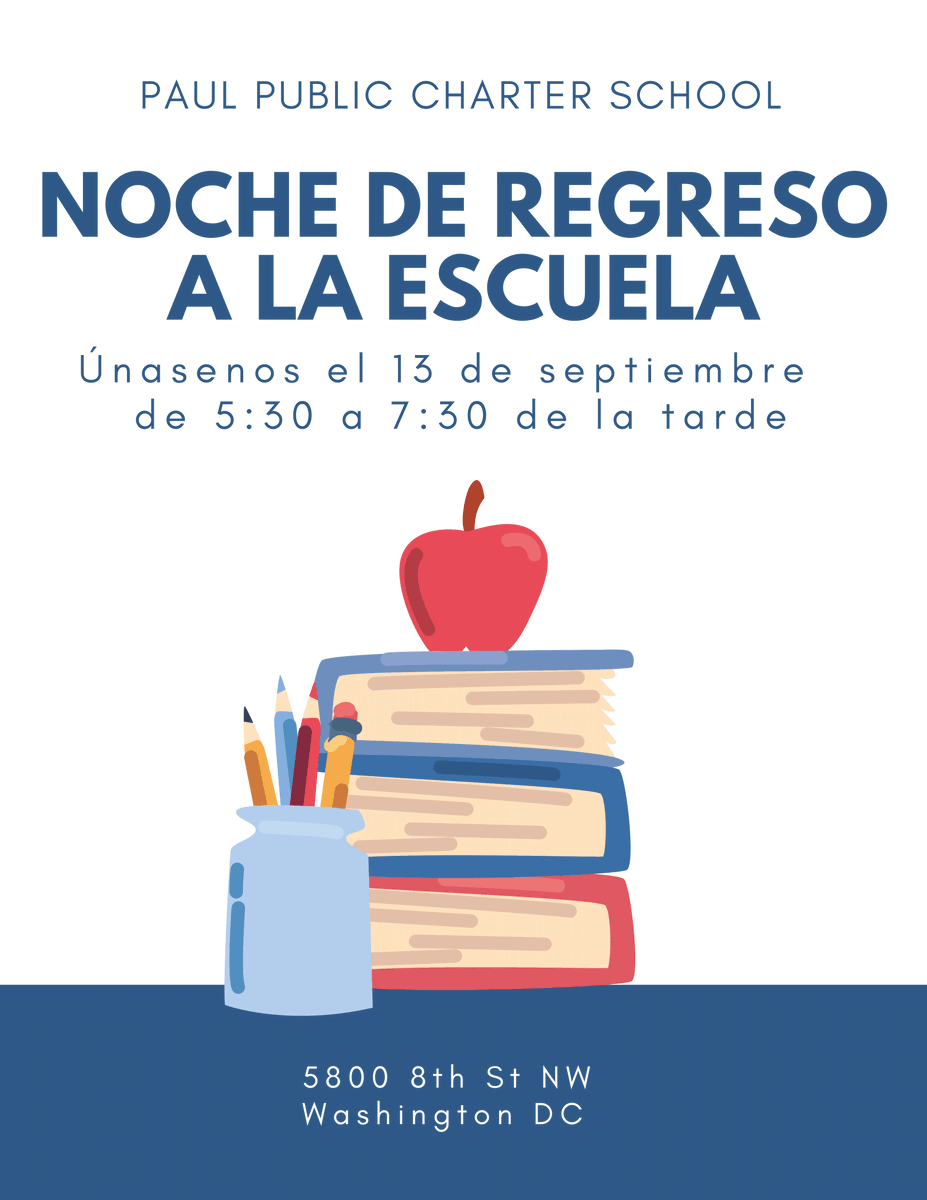 Are you joining us for Back to School Night?  See you TONIGHT at 5:30 PM! 
¿Te unes a nosotros para la Noche de Regreso a la Escuela? ¡Nos vemos ESTA NOCHE a las 5:30 PM!