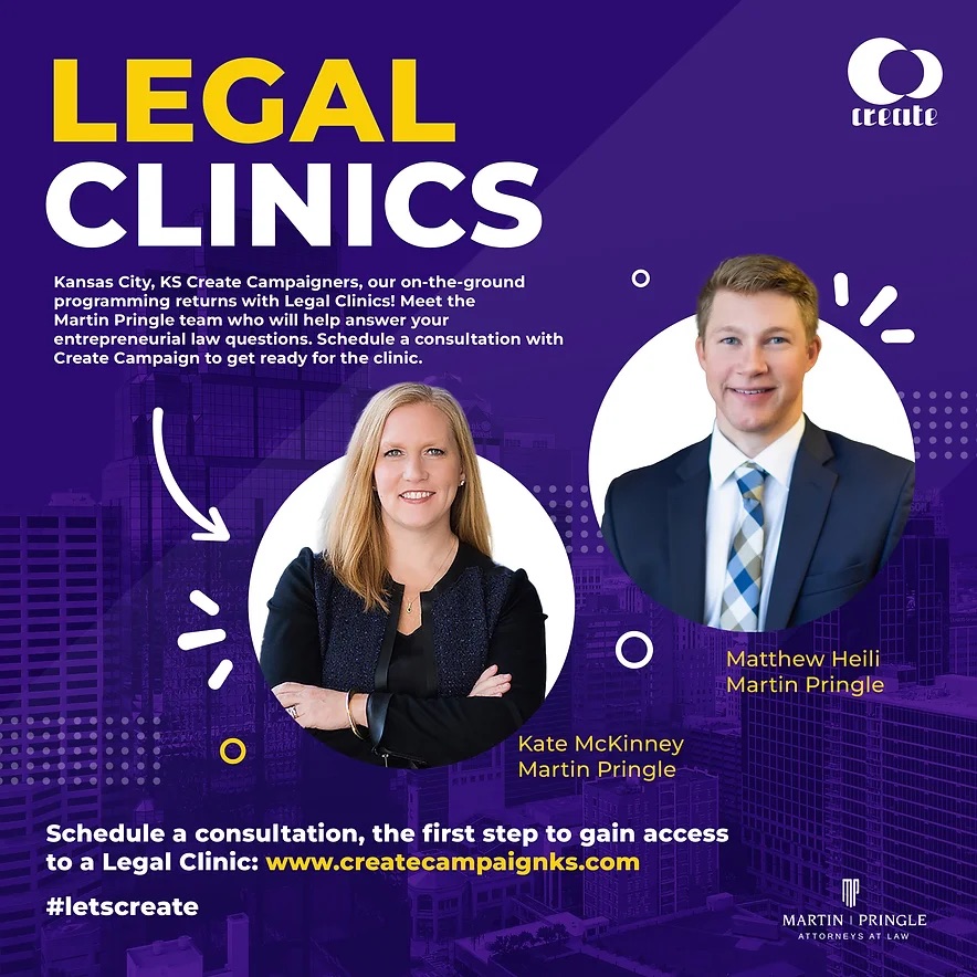 Get your entrepreneurial law questions answered through Legal Clinics - a service offered to Wichita and Kansas City Create Campaigners by Martin Pringle Attorneys at Law. For more information, visit loom.ly/lPaGXnk