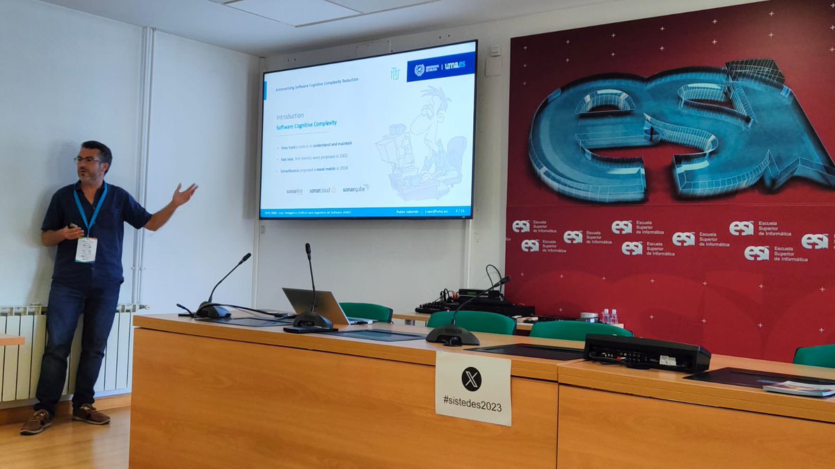 francischicano's tweet image. Very interesting questions in the AI4SE track for the presentation of our work “Automatizing Software Cognitive Complexity Reduction”, by Rubén Saborido, @javiefu , F. C. and Enrique Alba  #sistedes2023