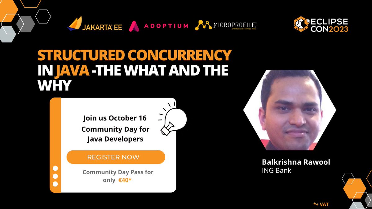adoptium's tweet image. Explore Structured Concurrency in Java with @BalaRawool at the Community Day for #JavaDevs during #EclipseCon2023! Register now to learn and interact. hubs.la/Q021Wk7c0