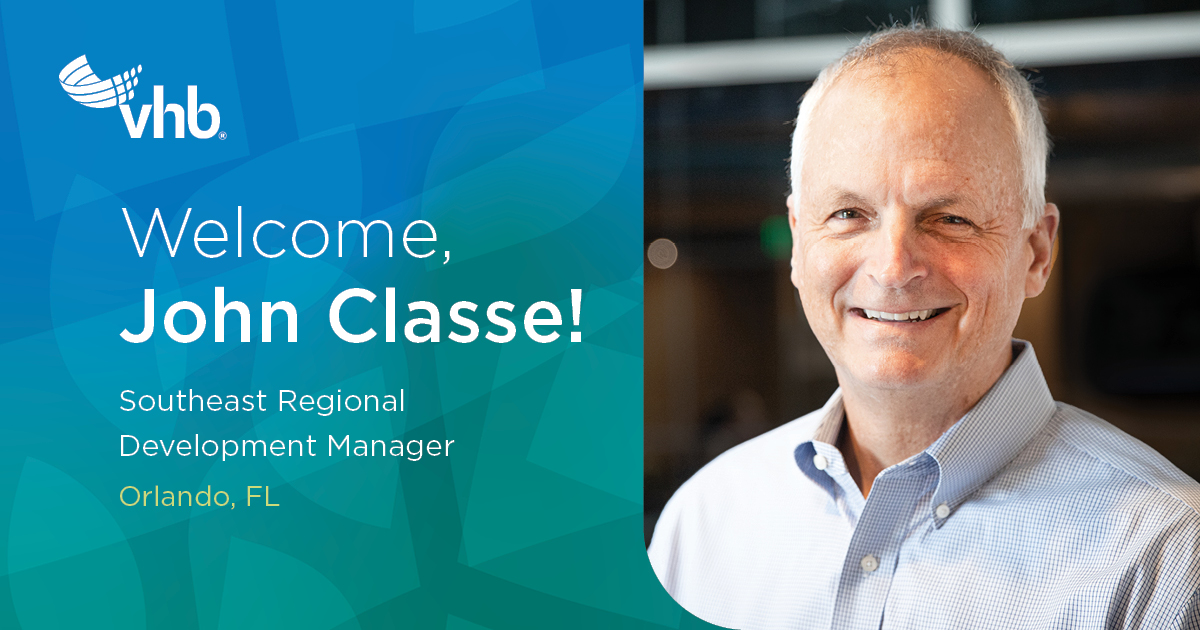 VHB welcomes John Classe, PE, as our Southeast Regional Development Manager!

Find out more about John's experience and how he will enhance our service to Southeast Region clients: bit.ly/3RdtL1C.

#OurPeopleMakeUsGreat