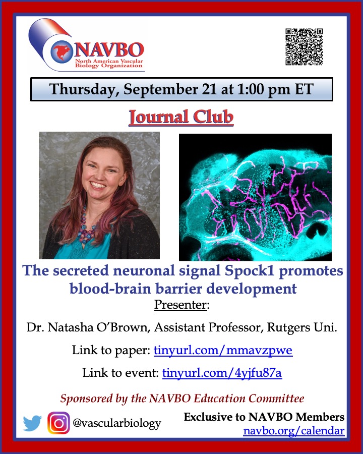Journal Club on September 21 at 1pm ET

Dr. Natasha O’Brown, Assistant Professor at Rutgers University, will present her latest paper in <a href="/Dev_Cell/">Developmental Cell</a>

"The secreted neuronal signal Spock1 promotes blood-brain barrier development"

Details at tinyurl.com/4yjfu87a

@NatashaOBrown1