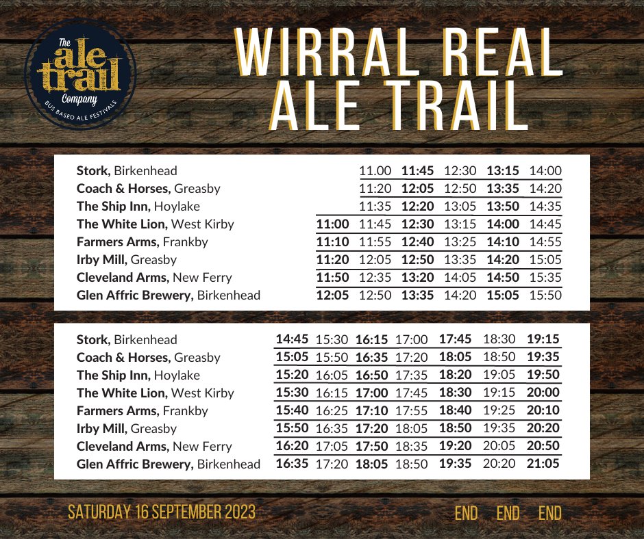 The timetable is here!

So make sure you save this image as you will need it on the day and we can't wait to see you all Saturday!

If you need to get your tickets, you can do so here 👉 realaletrail.co.uk/product/wirral…