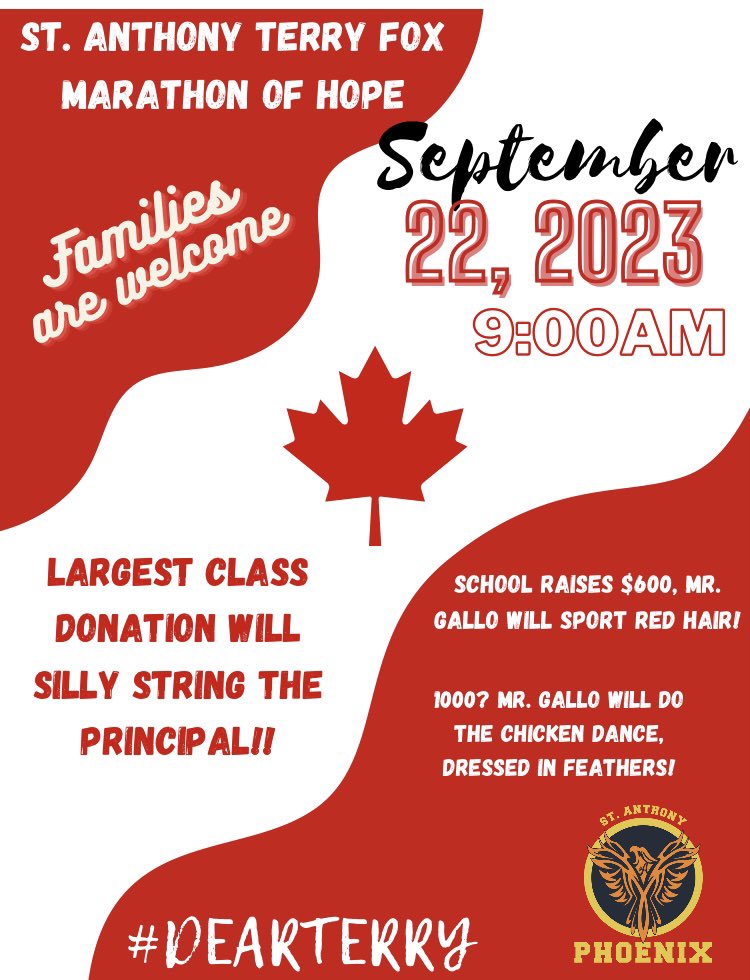 We are launching our St. Anthony Terry Fox Marathon of Hope campaign today! See what challenges we have in store for our principal <a href="/RobertMGallo/">Robert M Gallo</a> to raise funds! Donate here! schools.terryfox.ca/38678
