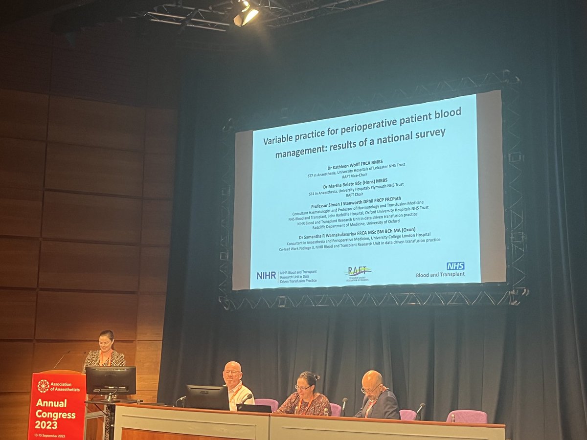 Fantastic to hear ⁦<a href="/kathleenvwolff/">Kathleen Wolff</a>⁩ present findings from our national organisational survey of perioperative patient blood management practices. A ⁦<a href="/RAFTrainees/">RAFT</a>⁩ and ⁦<a href="/DataDrivenBTRU/">NIHR DataDriven BTRU</a>⁩ collaboration #AC2023 #pbm ⁦@drmarthabelete⁩ ⁦<a href="/SimonStanworth/">Simon Stanworth</a>⁩