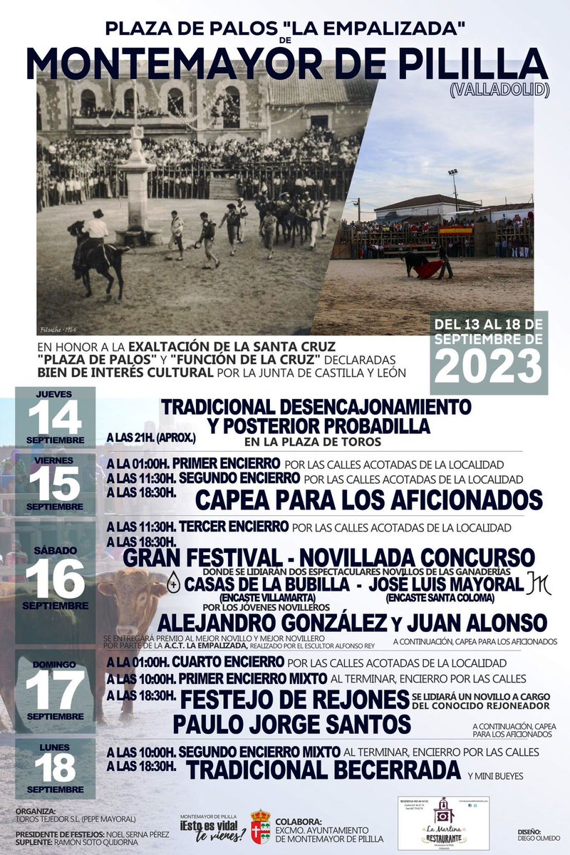 Mañana arranca La Función en la vallisoletana Montemayor de Pililla. Cinco días plenos de toros. Estaremos por allí para disfrutar con las buenas gentes de La Empalizada. El cartel anunciador es un diseño de Diego Olmedo.