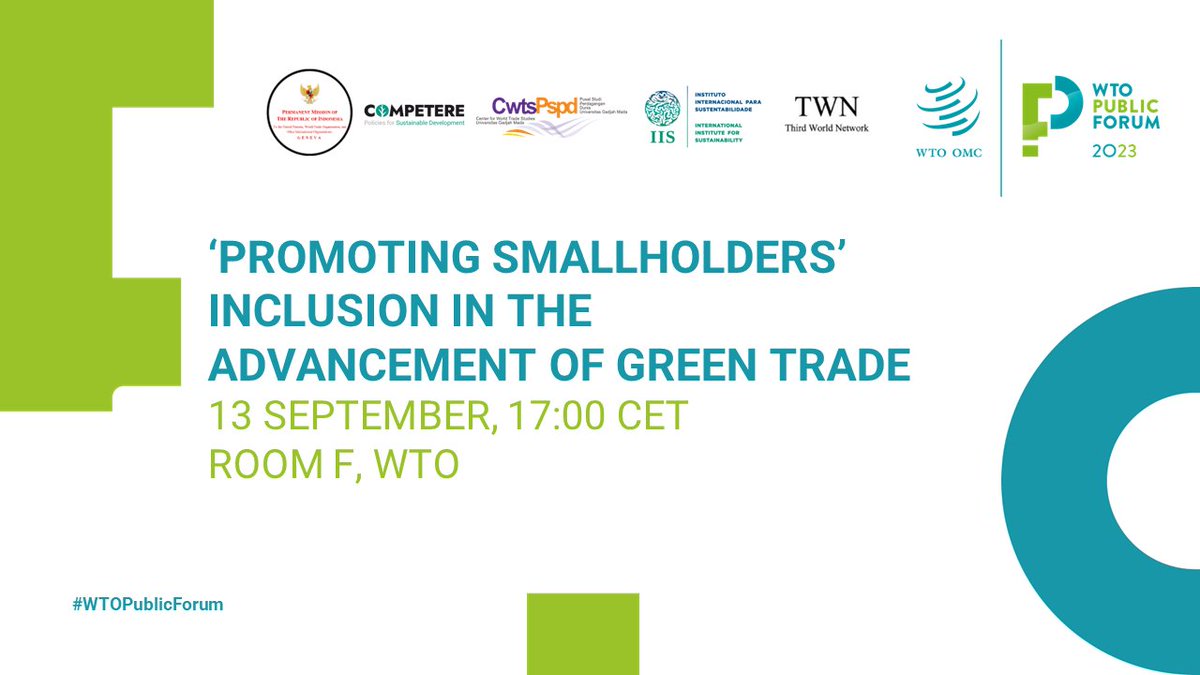 ⏰ Join us at the #WTOPublicForum in #Geneva 
In less than an hour, <a href="/pietropaganini/">Pietro Paganini</a> will address the seminar "Promoting Smallholders' Inclusion in Advancing Green Trade". Click here to learn more 👉 bit.ly/3PFncnu
#greentrade #trade #smallholders #inclusion