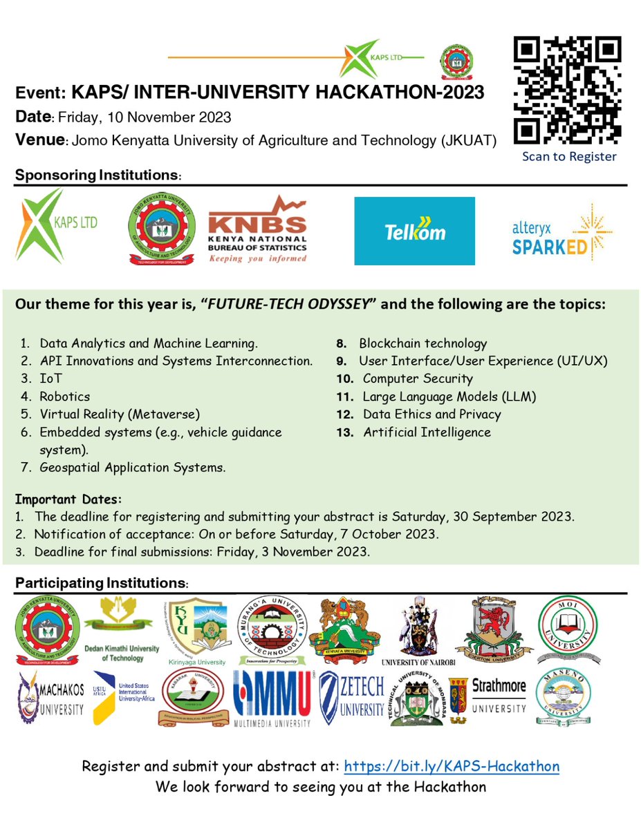 DeKUTkenya's tweet image. KAPS / MULTI-UNIVERSITY HACKATHON

The event is designed to bring out the best of ideas and the brightest of students on a journey of profound change through technology.

#KAPS #Hackathon #TechnologyChange #InnovationJourney