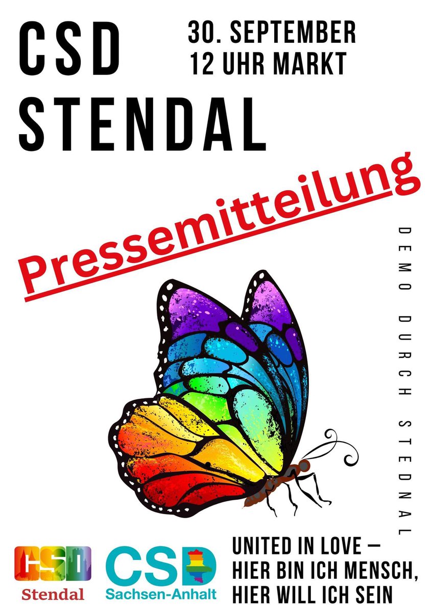 CSDsachsenAnhal's tweet photo. 30.09.2023 um 12 Uhr CSD #Stendal
Landrat Patrick Puhlmann ist Schirmherr für den CSD Stendal.

Ordnungsamt der LK Stendal bezeichnet die Angemeldet Abschlusskundgebung als "Spaßveranstaltung" und will diese nicht als Demo einstufen.

Mehr siehe PM
  
 https://t.co/S2MACzxEvt https://t.co/XuIX5WccrX