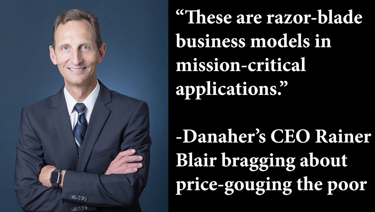 CEO of @DanaherCorp Rainer Blair saying the quiet part out loud. Their strategy is to lock poor countries into one testing system, and then grossly overcharge for tests, thus further impoverishing the world's poorest people and enriching the world's richest ones. Unacceptable.…