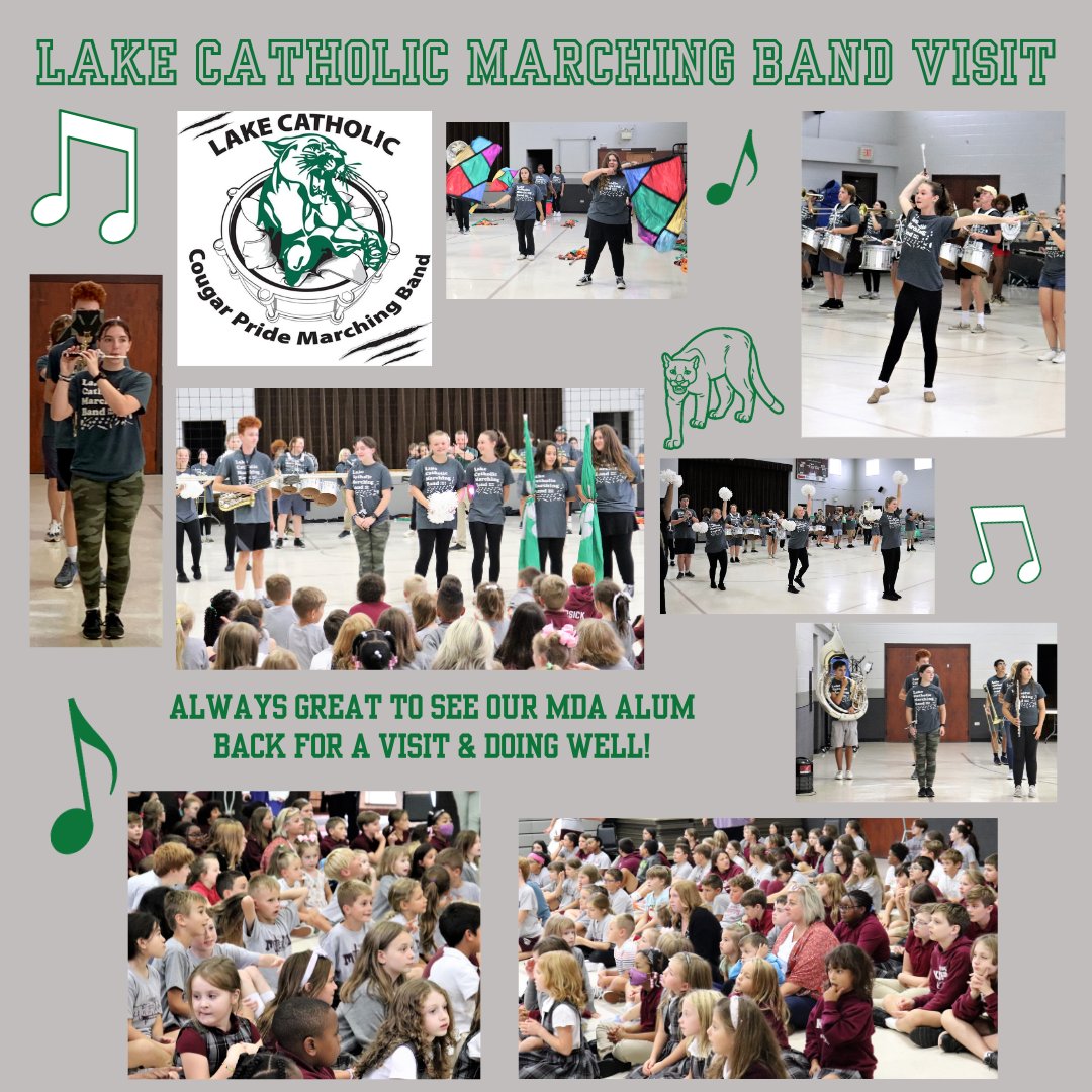 MaterDeiAcadW's tweet photo. Our students were excited for a visit from the Lake Catholic Marching band! Thanks to band director, Mr. Slike, &amp; the @PerfArtsLCHS tchrs &amp; staff for a fun afternoon of music! It's also very exciting to see so many @MaterDeiAcadW alums playing, dancing, &amp; twirling! @LCHS_Cougars https://t.co/Hy3XHdketg