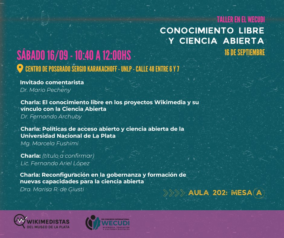 wikiunlp's tweet photo. ¡Te invitamos al Taller "Conocimiento libre y ciencia abierta" en el @wecudiunlp !

🗓️16/09 entre las 10:40 - 12:00hs
📍aula 202 del Karakachoff (48 entre 6 y 7)

Especialistas compartirán ideas y experiencias sobre ciencia abierta y conocimiento libre 

¡Te esperamos! 👇 https://t.co/X2CnYqWTW6