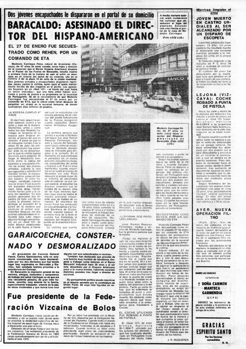 urteagaGC's tweet image. 13 de Septiembre de 1979 #ETA asesinó en #Baracaldo a Modesto Carriegas, director de sucursal del Banco Hispano Americano. Había sufrido unos meses antes un secuestro de #ETApm.

También #impune

MEMORIA DIGNIDAD Y JUSTICIA ⚖️ 
PÁSALO, CONTRA EL OLVIDO.