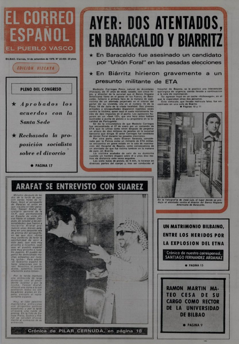 urteagaGC's tweet image. 13 de Septiembre de 1979 #ETA asesinó en #Baracaldo a Modesto Carriegas, director de sucursal del Banco Hispano Americano. Había sufrido unos meses antes un secuestro de #ETApm.

También #impune

MEMORIA DIGNIDAD Y JUSTICIA ⚖️ 
PÁSALO, CONTRA EL OLVIDO.