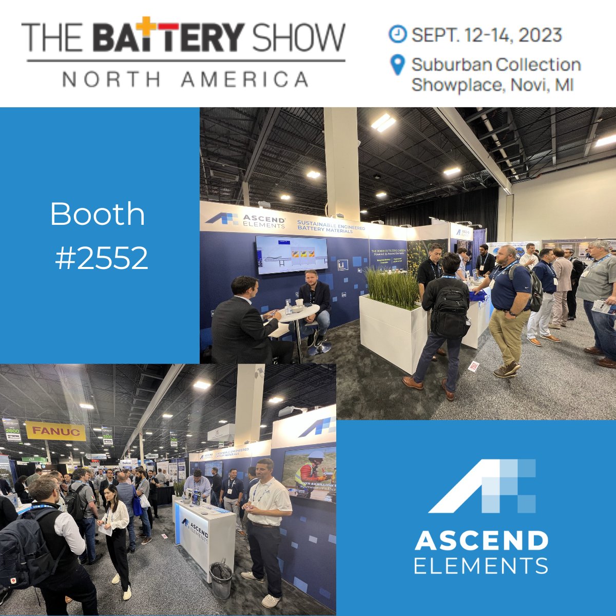 Huge crowds at @thebatteryshow this week. Stop by Booth # 2552 to meet the Ascend Elements team and learn how we are accelerating the journey to #zerocarbon #emissions with sustainable cathode materials.