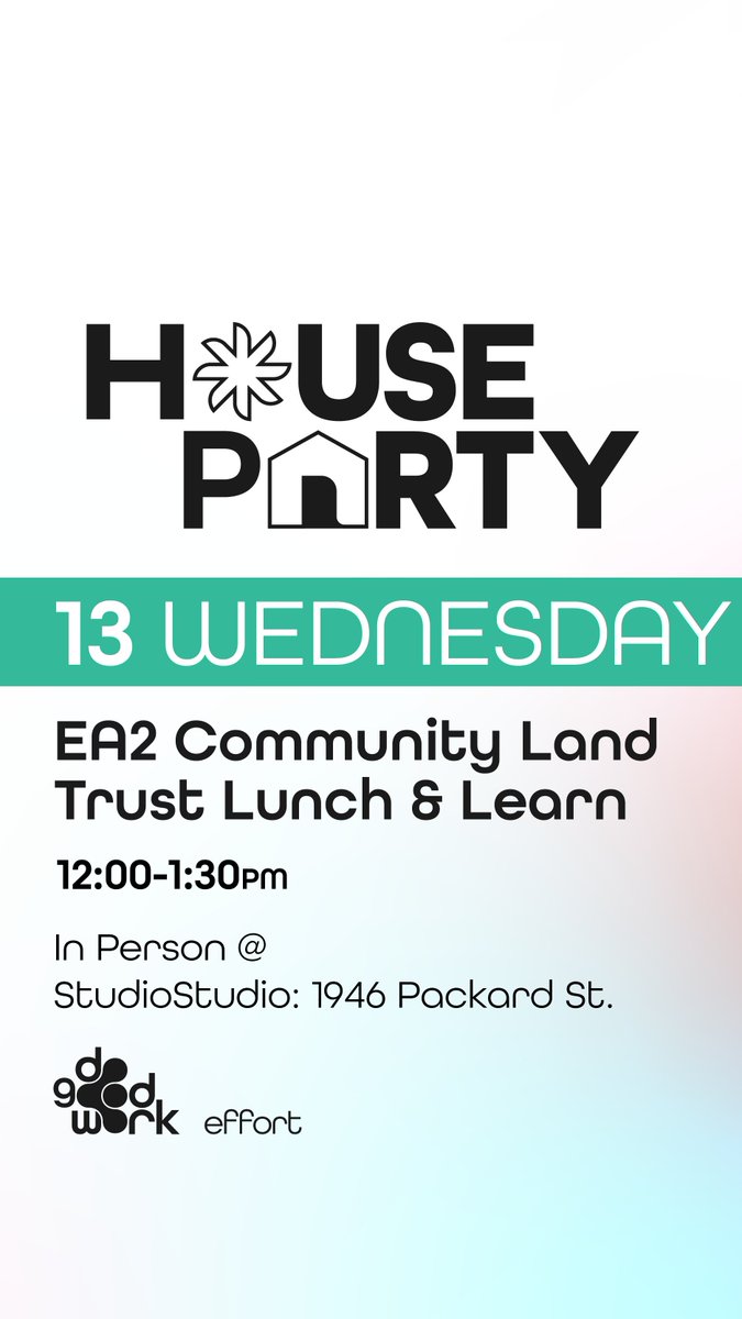 dogoodworkorg's tweet image. TODAY #HousePartyA2
12-1:30pm EA2 Community Land Trust Lunch &amp;amp; Learn at @studiostudioa2. Grab some food at @yorkannarbor @ricewoodbbq or @baoboysaa before joining!

6:30-8:30pm UM Student Engagement Workshops @taubmancollege. Join @upsataubmancollege for drop-in workshops + FOOD!