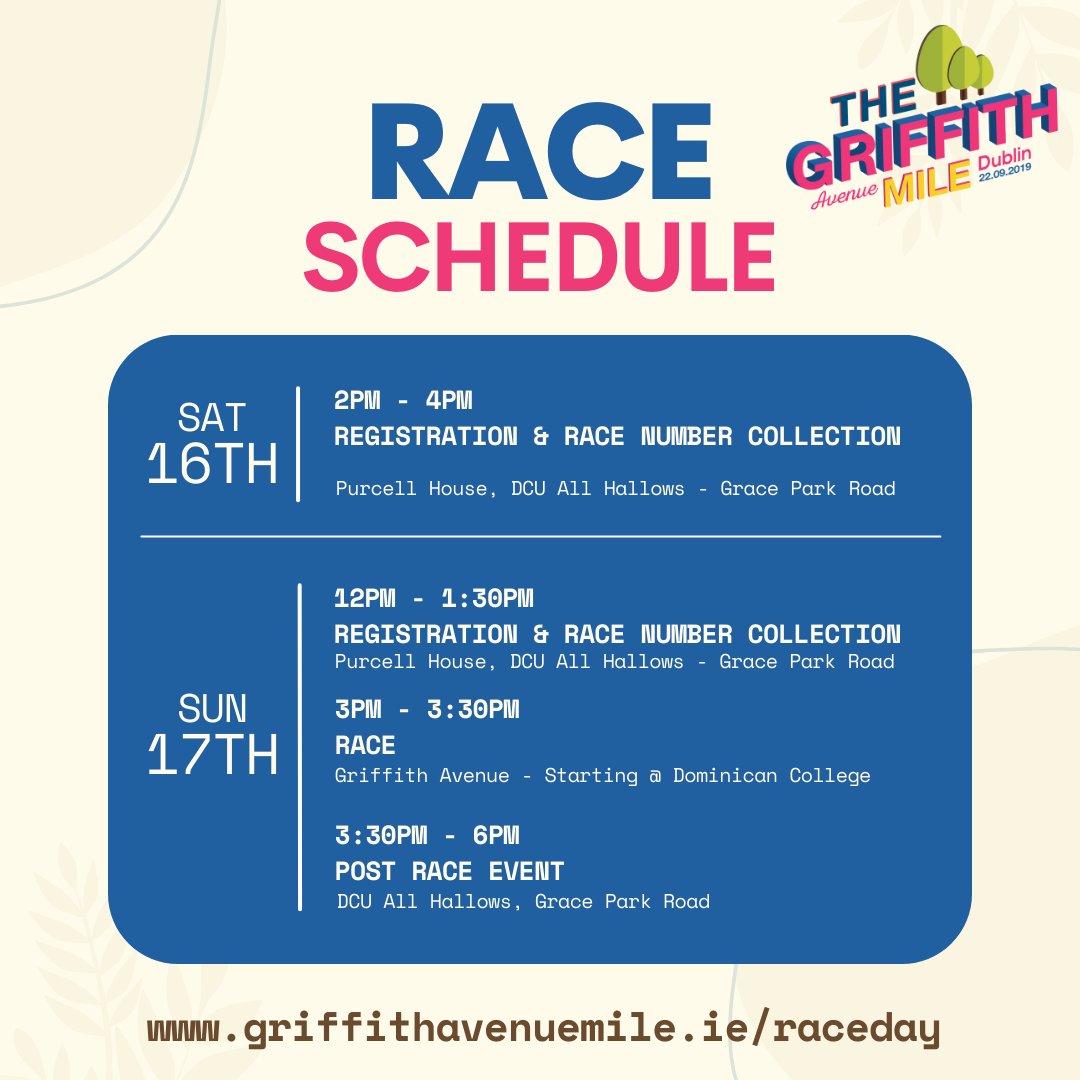 GriffithMile's tweet photo. Race Schedule! Bib number pickups, race location, wave details, prizes, post event shenanigans - we got it all for you! Check out the link at the bottom of the image (and in our bio) for all the deets! See you all Sunday! #GriffithAvenueMile #GAM23 https://t.co/rhdJdOqPlp