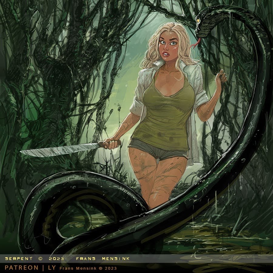 She’s still working her way through the jungle, finding all kinds of hostile critters but at least she found a reasonable size knife to fight them off if needed! P@treon’s better as usual 😁 #snake #peril #junglegirl #discover #anaconda #python