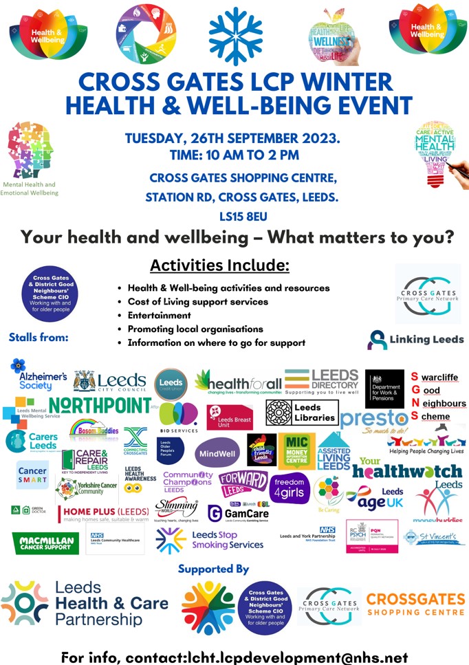 @HWLeeds are attending the Crossgates @LcpDevelopment event at the Crossgates Shopping Centre on Tuesday 26/9 10-2pm. Find out who we are and what we do, we want to find out from local people - what matters to you, come & have your say about #Health & #care services in #Leeds