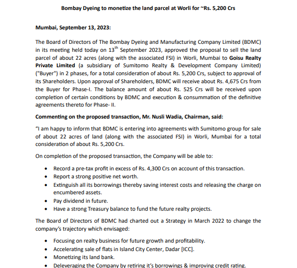 VarunDubey85's tweet image. Bombay Dyeing to sell 22 acres of land parcel at Worli Mumbai to Goisu Realty Private Limited (a subsidiary of Sumitomo Realty &amp;amp; Development Company Limited) ("Buyer") in 2 phases for Rs. 5,200 Crs

#BombayDyeing
#Wadia 
#realestate