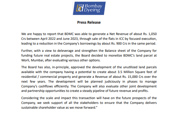 VarunDubey85's tweet image. Bombay Dyeing to sell 22 acres of land parcel at Worli Mumbai to Goisu Realty Private Limited (a subsidiary of Sumitomo Realty &amp;amp; Development Company Limited) ("Buyer") in 2 phases for Rs. 5,200 Crs

#BombayDyeing
#Wadia 
#realestate