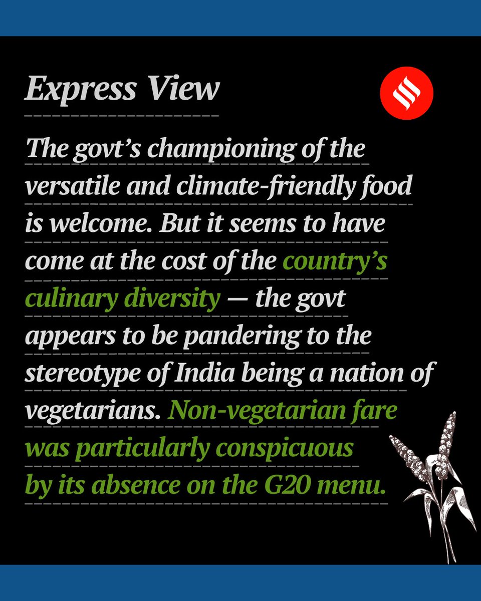 IndianExpress's tweet photo. #G20summit | #Nonvegetarian fare was particularly conspicuous by its absence on the #G20 menu.
Click on the 🔗 below to read #ExpressEditorial 👇🏽
https://t.co/mfvhTh5z8G
#g20india #g20summit2023 #edit #editorial #indianexpress https://t.co/wLQOVRRuM9