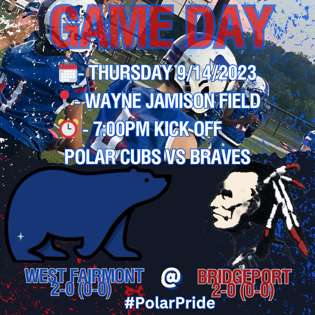 West Fairmont Polar Cubs 2-0 (0-0) hit the road this week on Thurs for a 7pm kickoff in their first conference game of the young season to take on the also 2-0 (0-0) Bridgeport Braves 
➡️Week 3 🛄
🗓️Thursday 9/14/23
⏰ 7:00pm Kick Off
📍Wayne Jamison Field
📻 103.3FM  #PolarPride