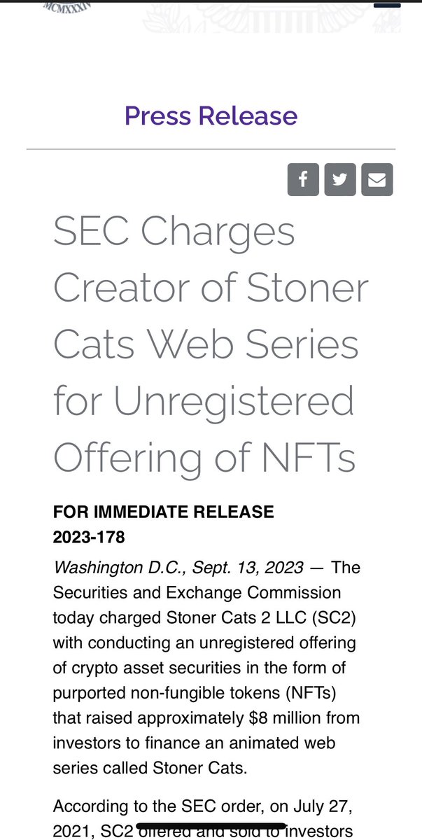 adamscochran's tweet image. The headline on the official SEC press release is some heinous political, dark pattern bullshit.

These NFTs may have been unregistered securities, but there is NO such thing as “an unregistered offering of NFTs”

There is no *registration* to sell NFTs that aren’t securities.