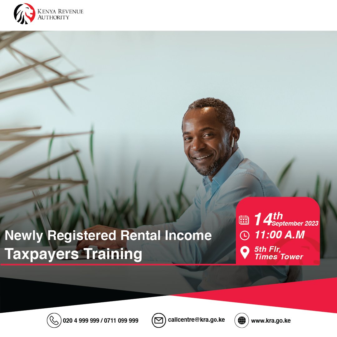 KRACare's tweet photo. Dear landlords 🏘️,
You are invited to our 11am tax training session tomorrow where you will receive expert guidance on how to accurately and efficiently file your rental income returns.
📍 5th Floor Convention Centre, Times Towers.
Don’t miss out!
#RentalIncome #KRATraining https://t.co/lw1idrOFi4