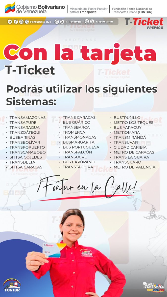 👉 ¡Usa tu tarjeta <a href="/T_TicketVzla/">T-Ticket</a> 💳! Ahora la podrás utilizar en los siguientes sistemas: Transmonagas, TransApure, transAnzoategui, TransBolivar, Transpopuerto, BusBarinas entre otros 🚍.

#XiJinpingYMaduro 
#RumboAlPasajeDigital
#FonturEnLaCalle

<a href="/NicolasMaduro/">Nicolás Maduro</a>
<a href="/ELOYSULBARAN/">Eloy Chiquitín</a>