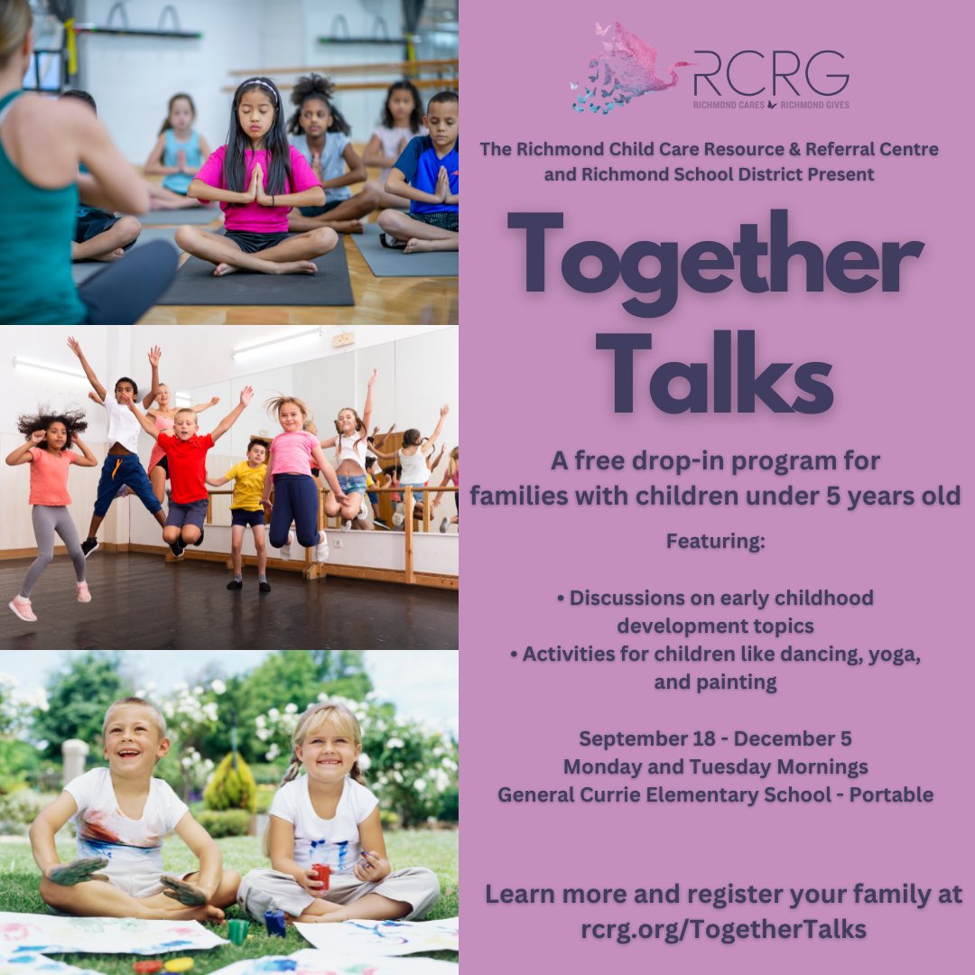 Our Child Care Resource & Referral Centre is about to launch a new season of Together Talks! The free drop-in program features educational discussions for parents, and fun, engaging activities for children - from dancing to yoga! Learn more and register at rcrg.org/TogetherTalks