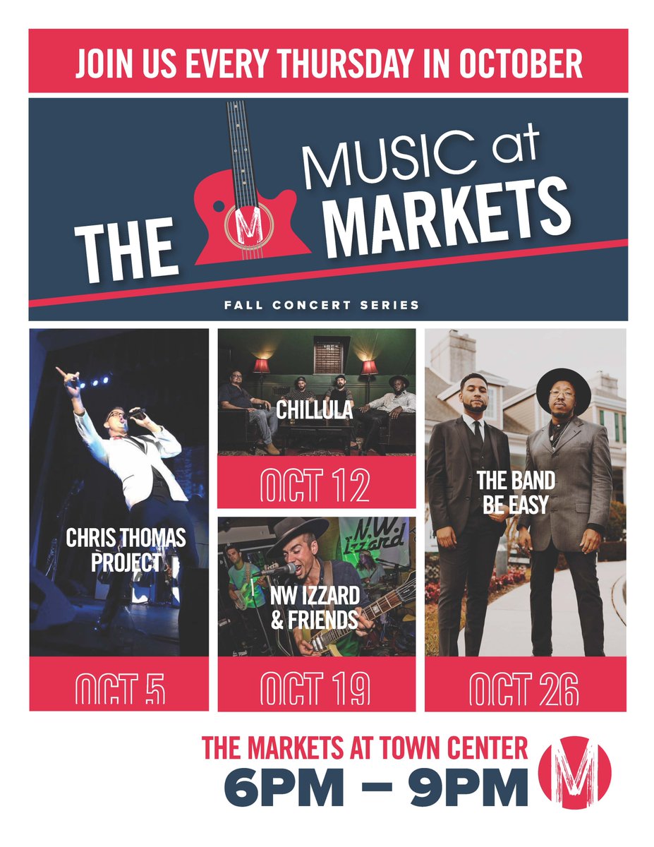 Fall Music Series at The Markets at Town Center
Each Thursday in October.
4866 Big Island Drive - next to Palmetto Moon

See you there!

@904happyhour @christhomasproject
@TheBandBeEasy @Chillula