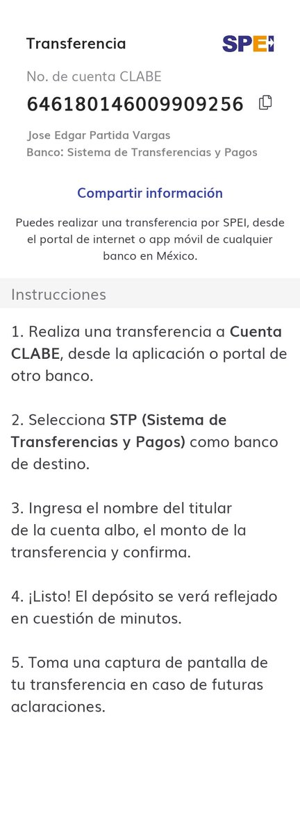 JoseedgarParti3's tweet photo. Depósito en SPEI 
Nombre: Jose Edgar Partida Vargas 
Clabe: 646180146009909256 
Banco: Sistema de Transferencias y Pagos https://t.co/gtl5xJKfhz