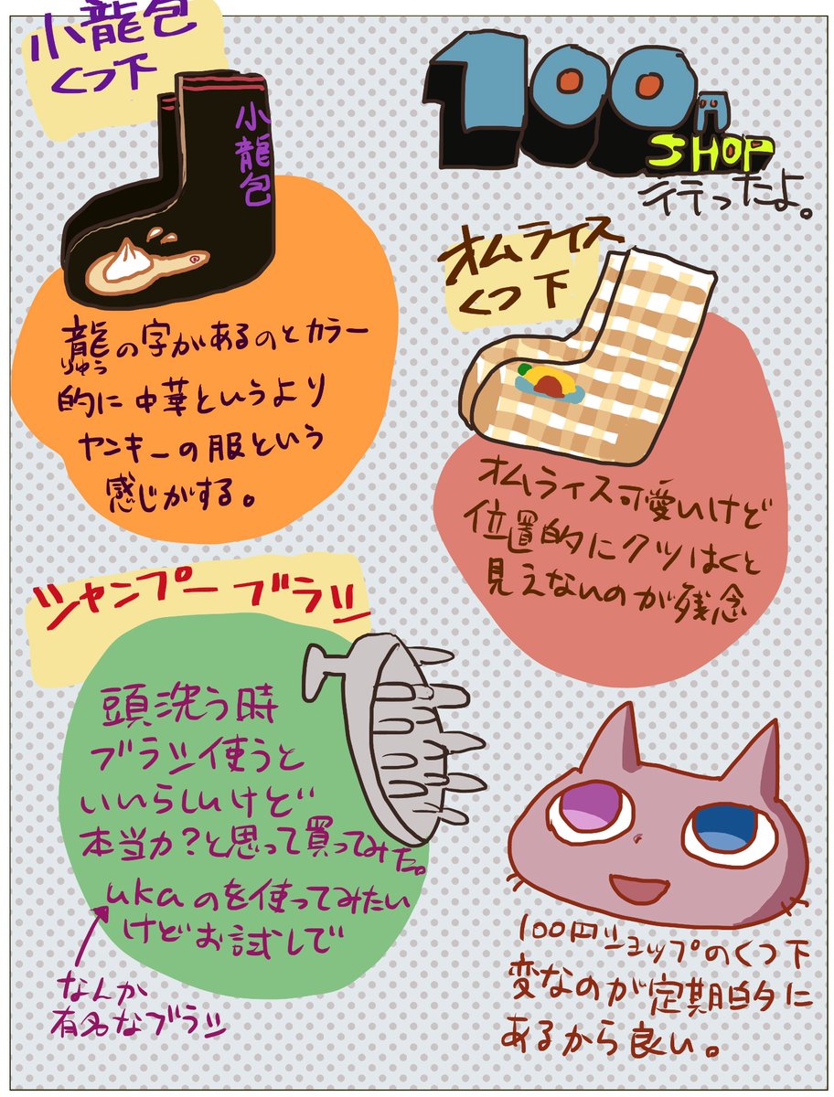 今日100円ショップで買ったものを紹介
変な靴下好きです🧦

#ぽすと絵