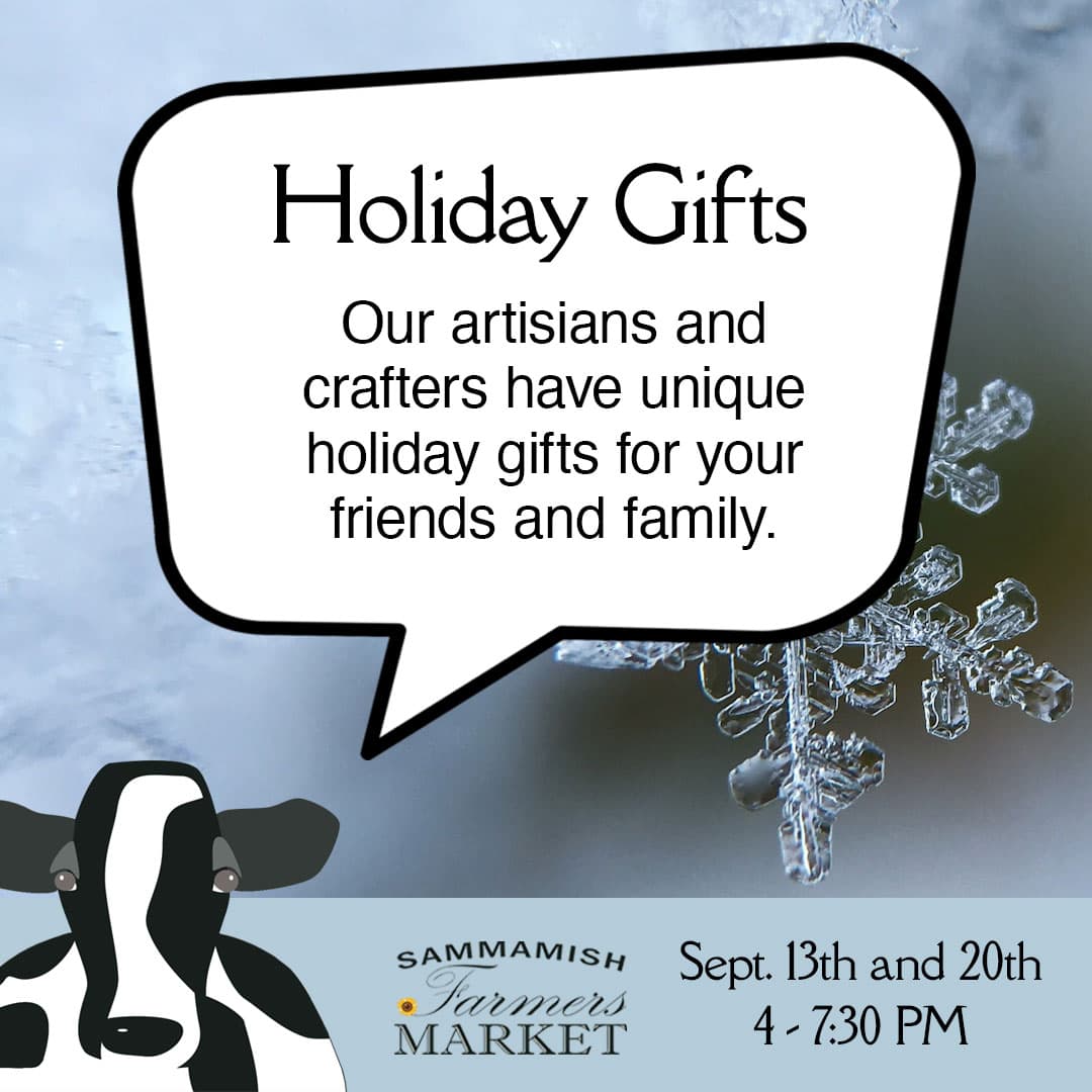 REMINDER: There are just 2 market days remaining to purchase holiday gifts from our artisans and crafters. We'll see you this afternoon from 4 - 7:30 PM. #SammamishFarmersMarket #SammamishLife #Holiday