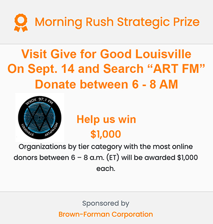 ARTxFM's tweet photo. TOMORROW MORNING catch the EARLY MORNING RUSH!!! ART FM listeners are invited to DONATE en MASS to ART FM tomorrow THURSDAY, SEPTEMBER 14 from 6-8 AM during GIVE FOR GOOD LOUISVILLE to help us win this $1000 PRIZE~
https://t.co/uZlmOPFIqB
#GiveForGoodLou #morningrush #artxfm https://t.co/HxRVoCUIhk