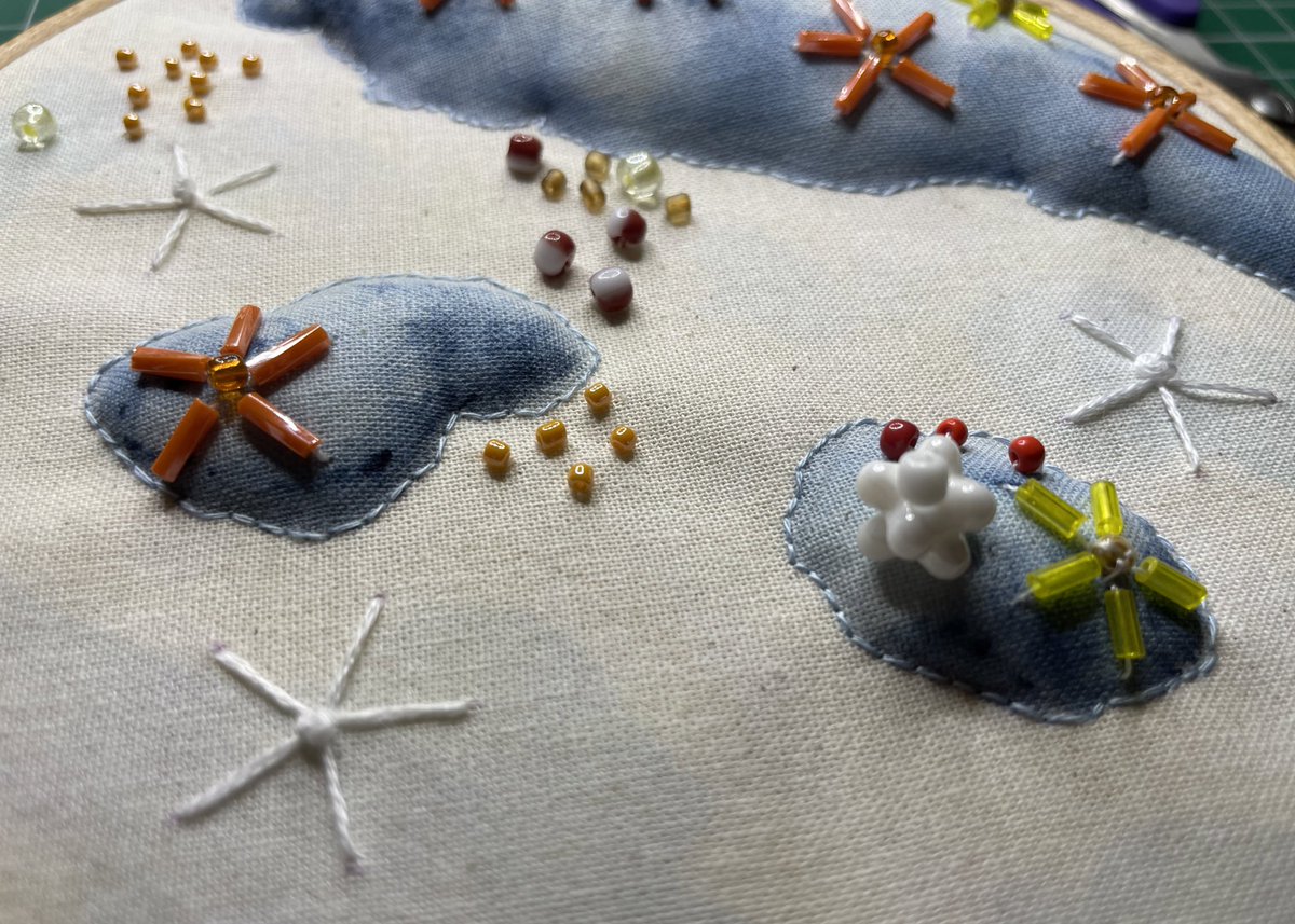 CarolineHack's tweet photo. More sampling and playing in progress. Using #Trapunto to raise the watercolour painted fabric surface. Thinking about outcrops and #BrittleStars, #GlassSponges and #Tunicates.
#Beading #HandEmbroidery https://t.co/SJx8xBNVqq