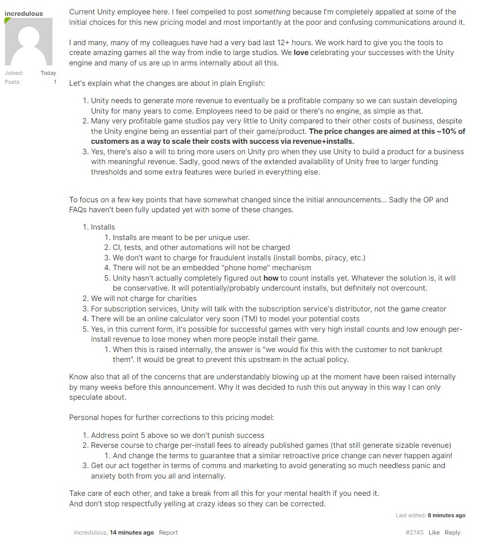 daily_unity's tweet image. Statement from alleged Unity employee
#gamedev #gamedevelopment #indiedev #unity #unity3d #unityruntimefee