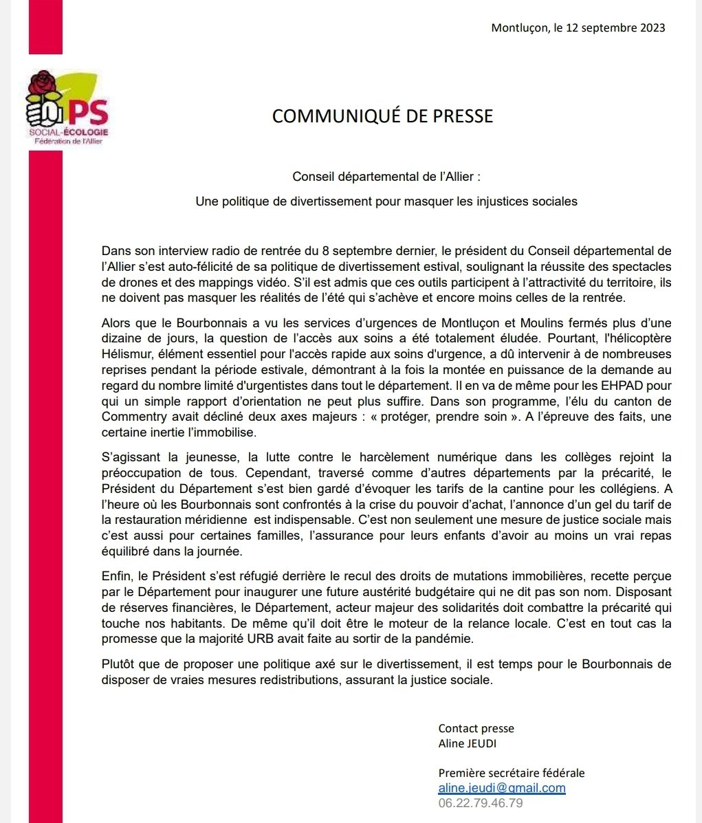 AlineJeudi's tweet photo. @Allierdpt 👉Une politique de divertissement pour masquer les injustices sociales ! Loin des préoccupations des #bourbonnais 
#cantine #inflation #santé #SantéPourTous #accesauxsoins #bienvieillir #PouvoirDeVivre #solidarité https://t.co/Nye5cEw9kv